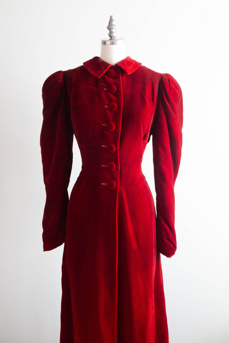 Decadent Deco Era 1930's Crimson Silk Velvet Maxi Coat / Medium