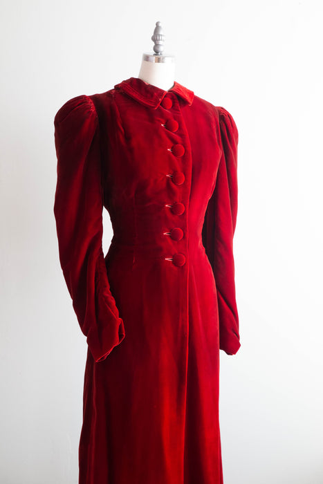 Decadent Deco Era 1930's Crimson Silk Velvet Maxi Coat / Medium