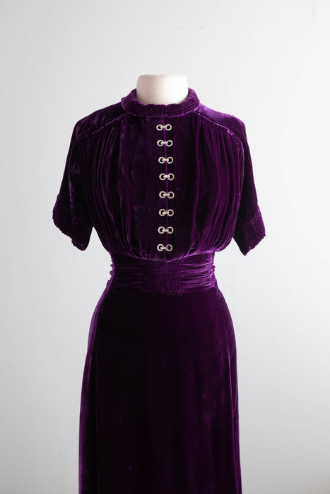 1930's Royal Purple Silk Velvet Evening Dress With Pave Rhinestones / ML