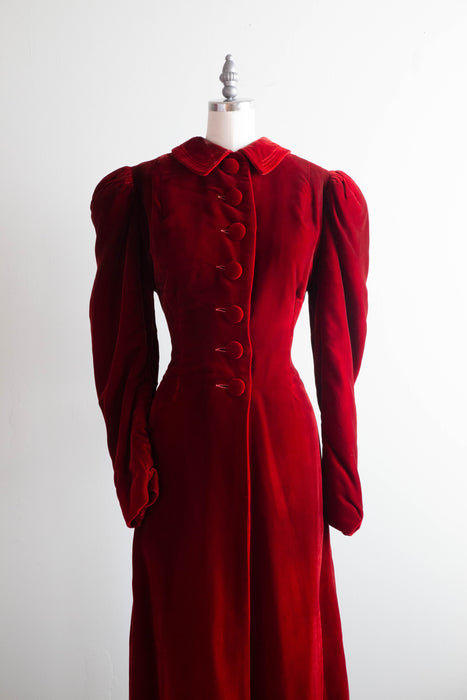 Decadent Deco Era 1930's Crimson Silk Velvet Maxi Coat / Medium