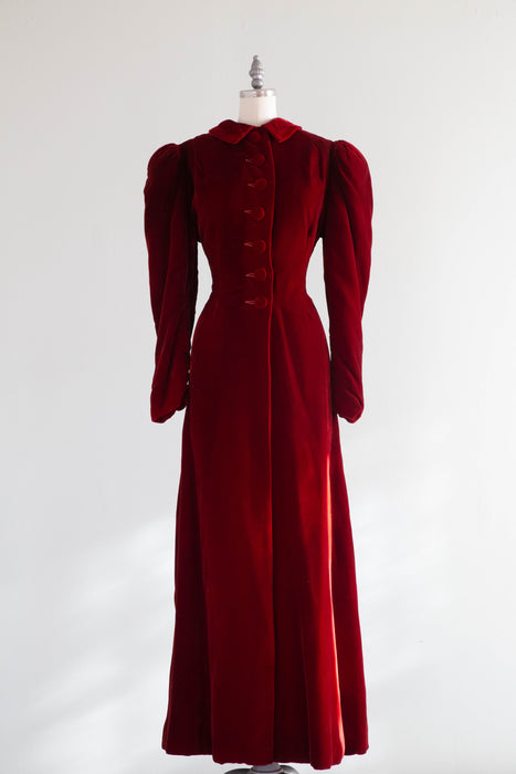 Decadent Deco Era 1930's Crimson Silk Velvet Maxi Coat / Medium