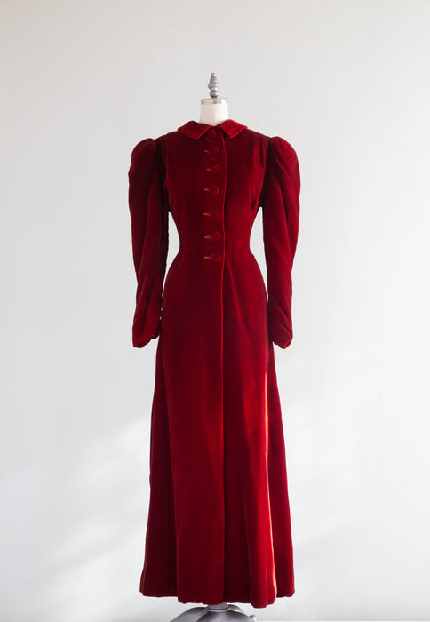 Decadent Deco Era 1930's Crimson Silk Velvet Maxi Coat / Medium