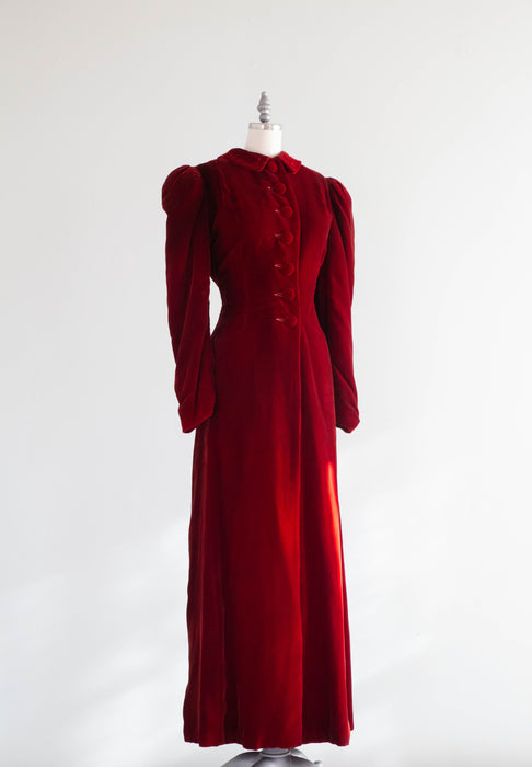 Decadent Deco Era 1930's Crimson Silk Velvet Maxi Coat / Medium