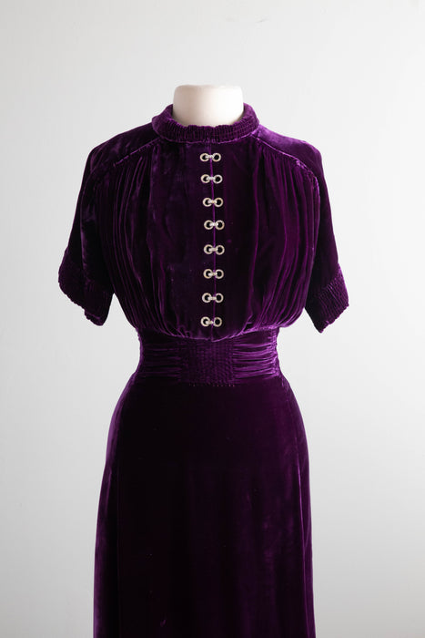 1930's Royal Purple Silk Velvet Evening Dress With Pave Rhinestones / ML