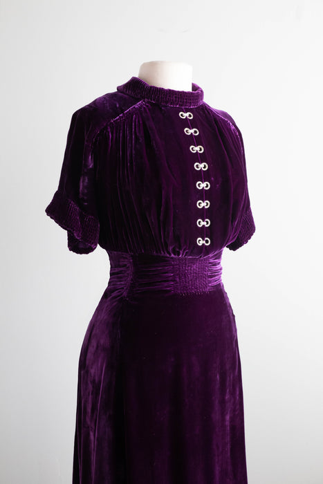 1930's Royal Purple Silk Velvet Evening Dress With Pave Rhinestones / ML