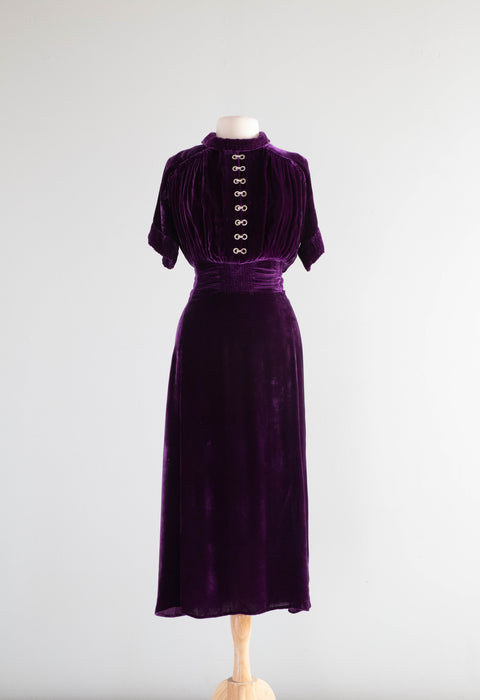 1930's Royal Purple Silk Velvet Evening Dress With Pave Rhinestones / ML