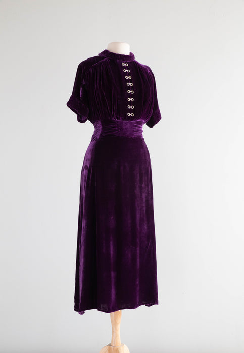 1930's Royal Purple Silk Velvet Evening Dress With Pave Rhinestones / ML