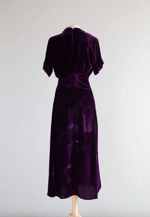 1930's Royal Purple Silk Velvet Evening Dress With Pave Rhinestones / ML