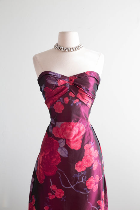 Exquisite 1950's Helen Rose Silk Party Dress In A Rose Print Taffeta / Medium