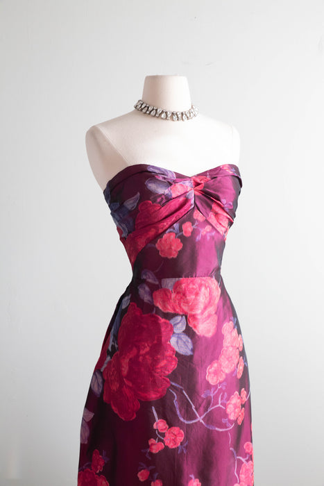 Exquisite 1950's Helen Rose Silk Party Dress In A Rose Print Taffeta / Medium