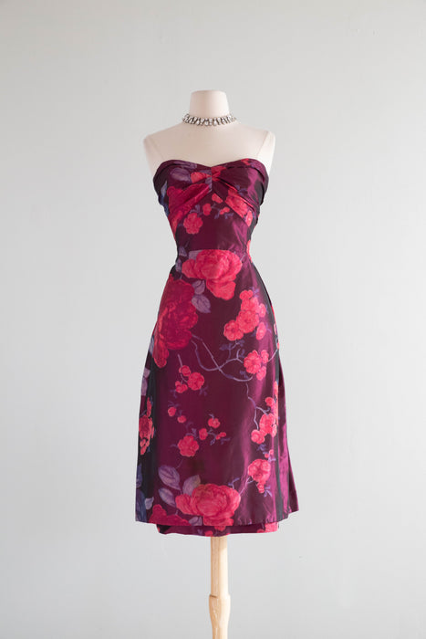 Exquisite 1950's Helen Rose Silk Party Dress In A Rose Print Taffeta / Medium