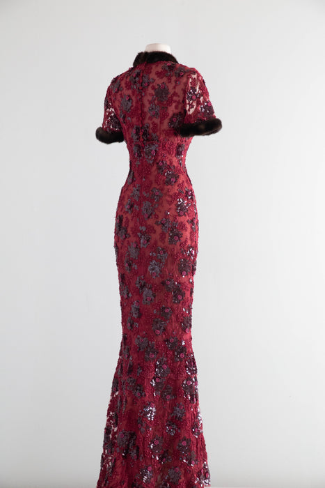 Stunning Vintage Crimson Lace Mermaid Evening Gown With Mink Trim / XS- S