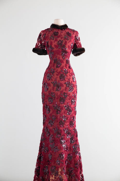 Stunning Vintage Crimson Lace Mermaid Evening Gown With Mink Trim / XS- S