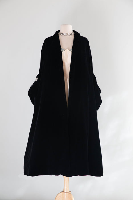 Exquisite 1950's Lilli Ann Black Velvet Swing Coat With Rhinestone Cuffs / ML