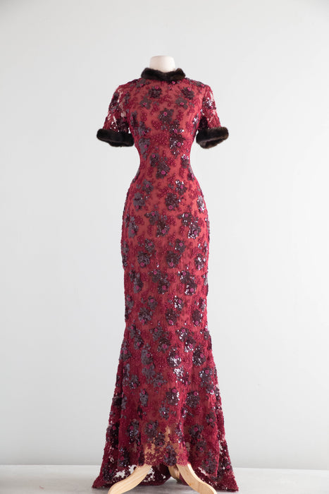 Stunning Vintage Crimson Lace Mermaid Evening Gown With Mink Trim / XS- S