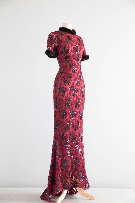 Stunning Vintage Crimson Lace Mermaid Evening Gown With Mink Trim / XS- S