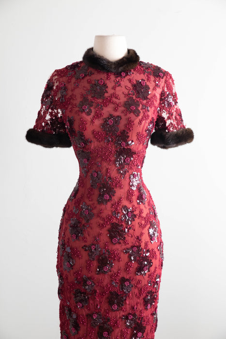 Stunning Vintage Crimson Lace Mermaid Evening Gown With Mink Trim / XS- S