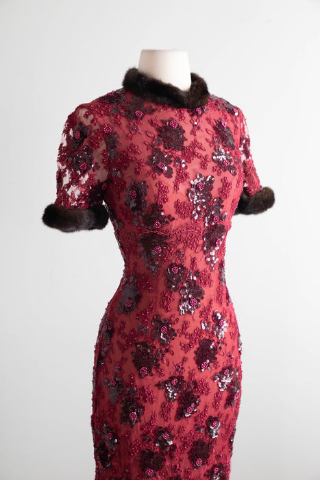 Stunning Vintage Crimson Lace Mermaid Evening Gown With Mink Trim / XS- S