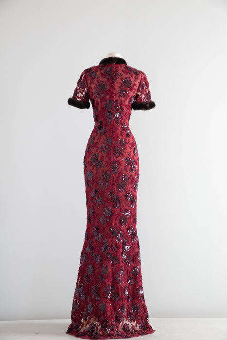 Stunning Vintage Crimson Lace Mermaid Evening Gown With Mink Trim / XS- S