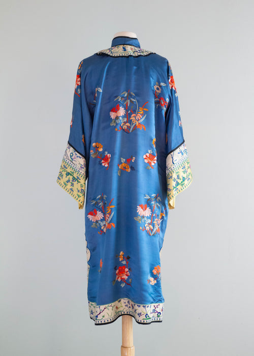 Stunning Circa 1920 Embroidered Chinese Robe In Blue Silk / SM