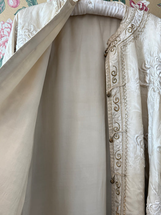 Rare & Extraordinary 1920's Chinese Robe - Ivory Silk Damask With Hand Embroidered Chrysanthemums / OS