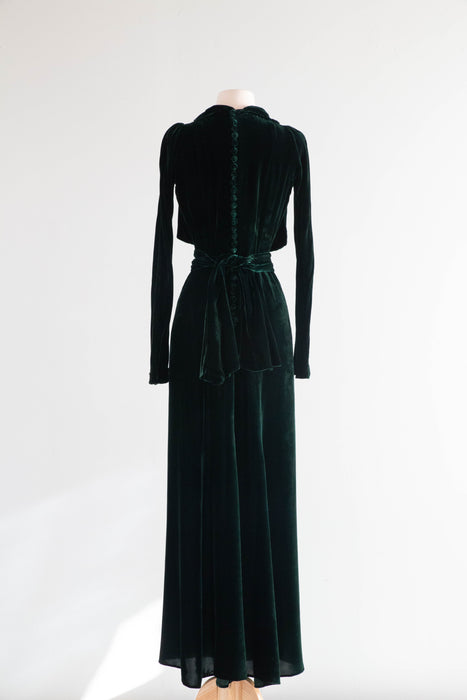 Exquisite 1930's Eisenberg & Sons Originals Emerald Green Silk Velvet Evening Gown / Small