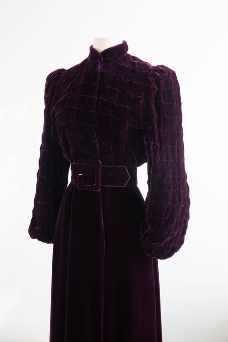 Rare 1930's Aubergine Silk Velvet Maxi Coat With Silk Lining / SM