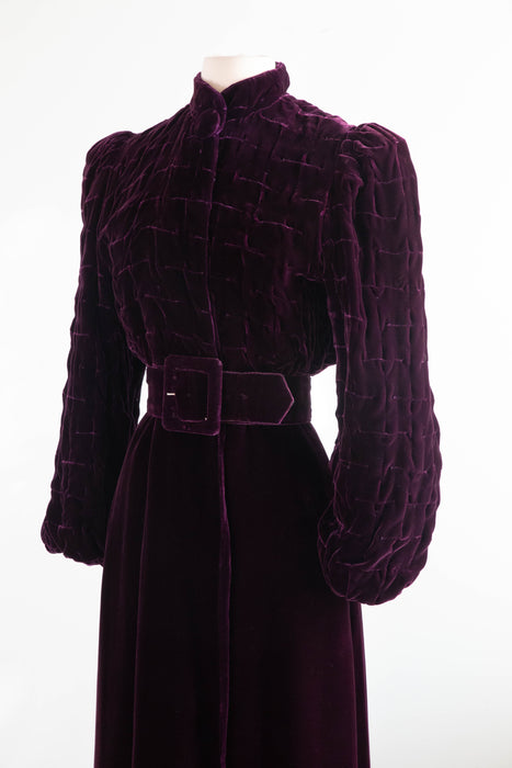 Rare 1930's Aubergine Silk Velvet Maxi Coat With Silk Lining / SM