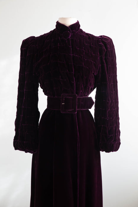 Rare 1930's Aubergine Silk Velvet Maxi Coat With Silk Lining / SM