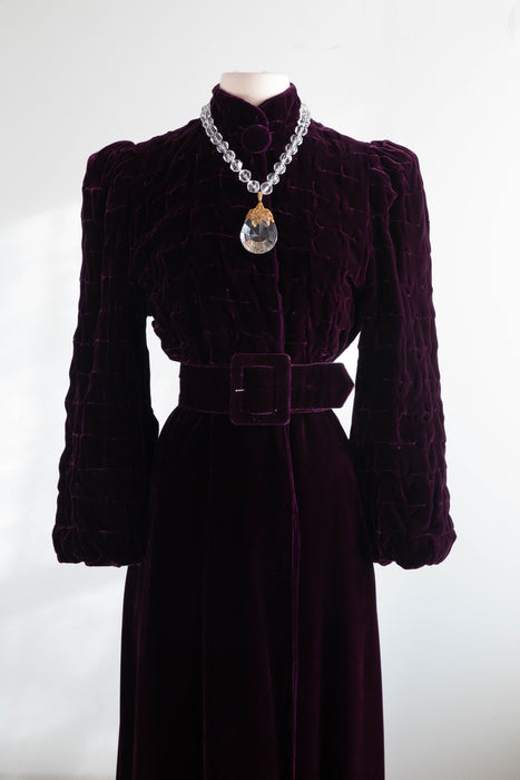 Rare 1930's Aubergine Silk Velvet Maxi Coat With Silk Lining / SM