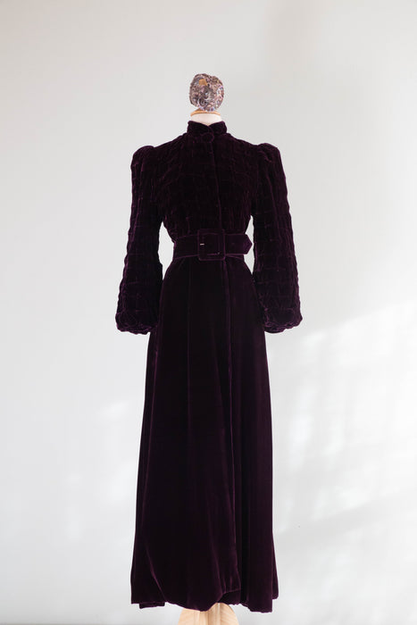 Rare 1930's Aubergine Silk Velvet Maxi Coat With Silk Lining / SM