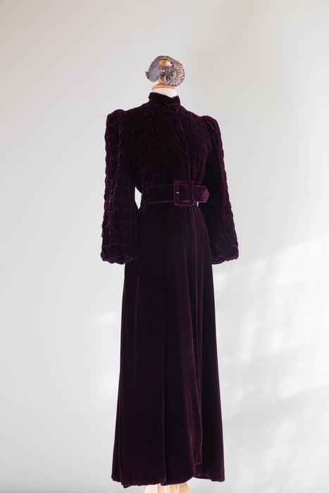 Rare 1930's Aubergine Silk Velvet Maxi Coat With Silk Lining / SM