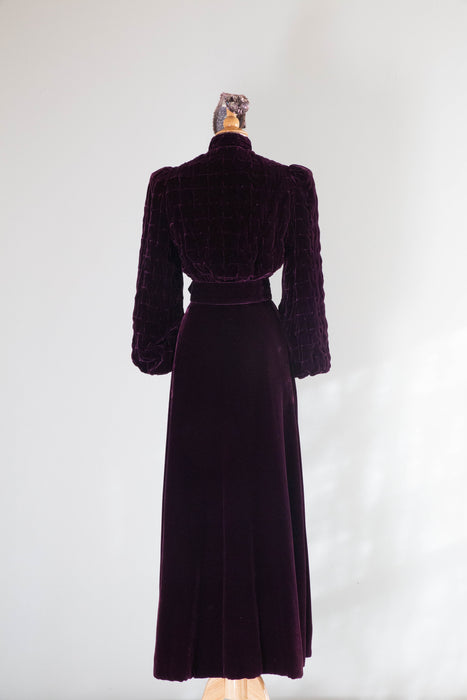 Rare 1930's Aubergine Silk Velvet Maxi Coat With Silk Lining / SM