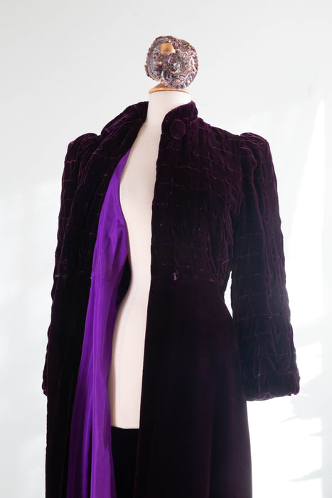 Rare 1930's Aubergine Silk Velvet Maxi Coat With Silk Lining / SM