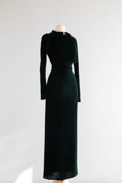 Exquisite 1930's Eisenberg & Sons Originals Emerald Green Silk Velvet Evening Gown / Small