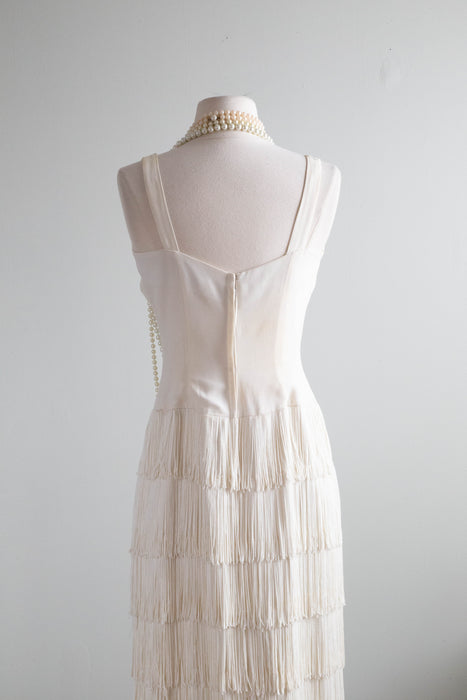Fabulous 1960's White Fringe Evening Gown By Jr.Theme / Small