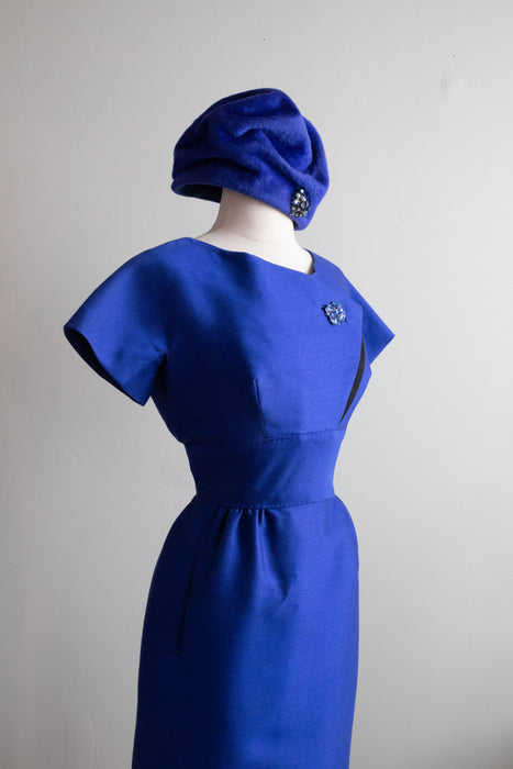 Fabulous 1960's Structured Shantung Sapphire Silk Cocktail Dress / Small