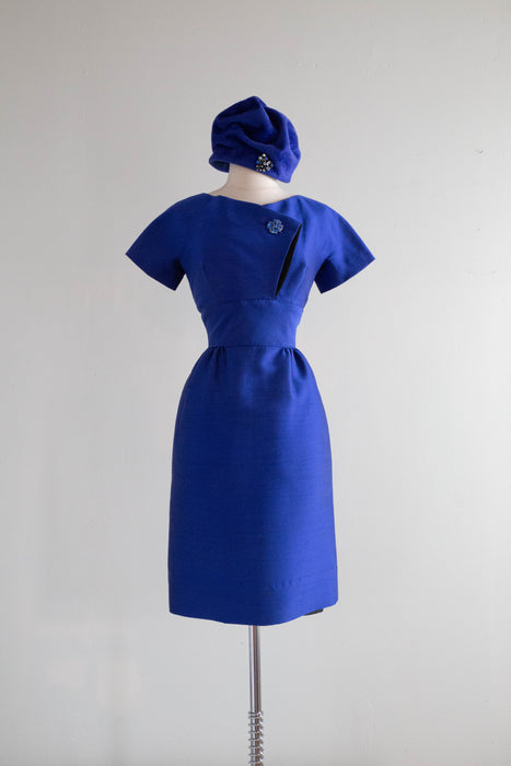 Fabulous 1960's Structured Shantung Sapphire Silk Cocktail Dress / Small