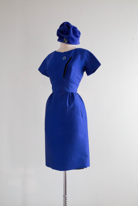 Fabulous 1960's Structured Shantung Sapphire Silk Cocktail Dress / Small