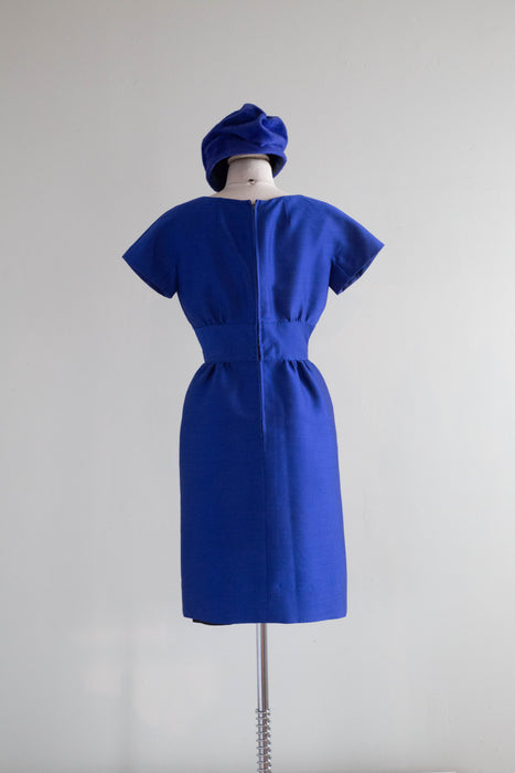 Fabulous 1960's Structured Shantung Sapphire Silk Cocktail Dress / Small