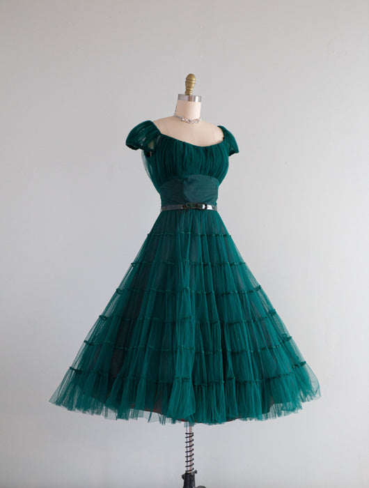 Stunning 1950's Emerald Green Party Dress By Filcol / Small