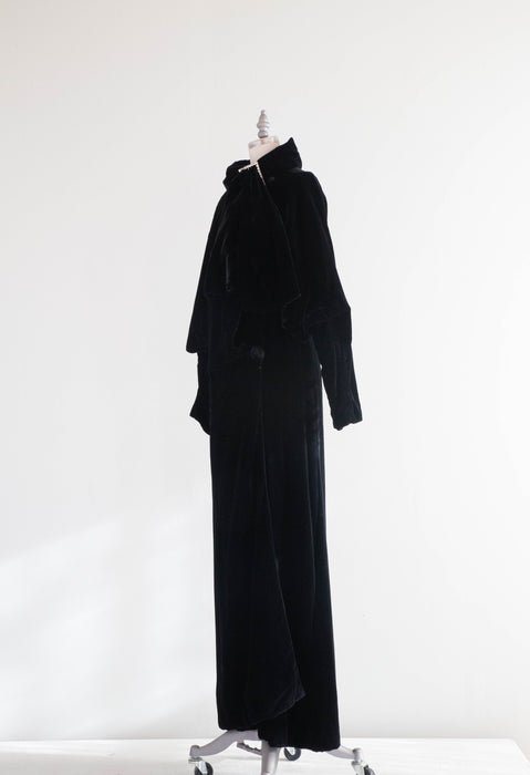 Divine Late 1920's Black Silk Velvet Full Length Evening Coat / SM