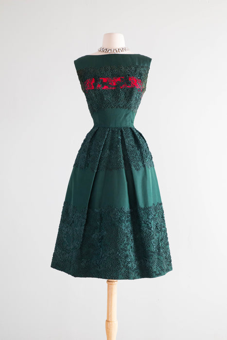 Exquisite 1950's Evergreen Silk Taffeta & Soutache Party Dress With Balmain Label / SM