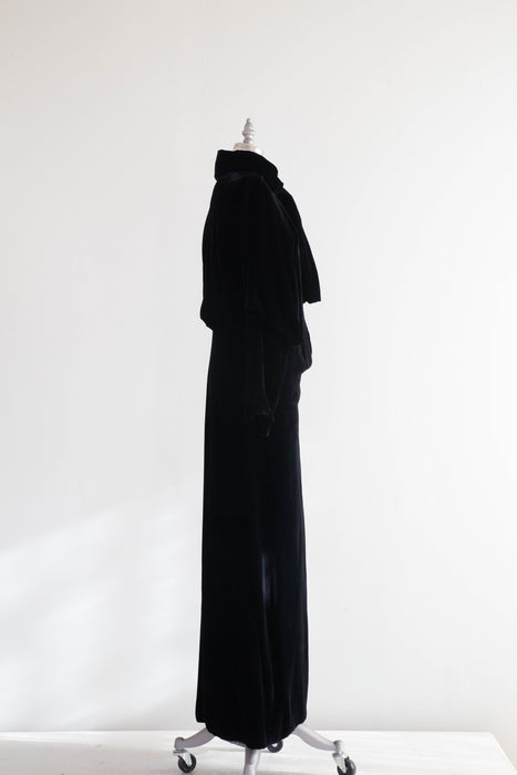 Divine Late 1920's Black Silk Velvet Full Length Evening Coat / SM