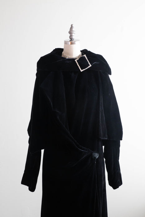 Divine Late 1920's Black Silk Velvet Full Length Evening Coat / SM