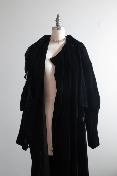 Divine Late 1920's Black Silk Velvet Full Length Evening Coat / SM