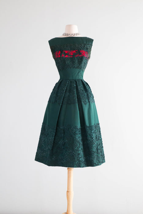 Exquisite 1950's Evergreen Silk Taffeta & Soutache Party Dress With Balmain Label / SM