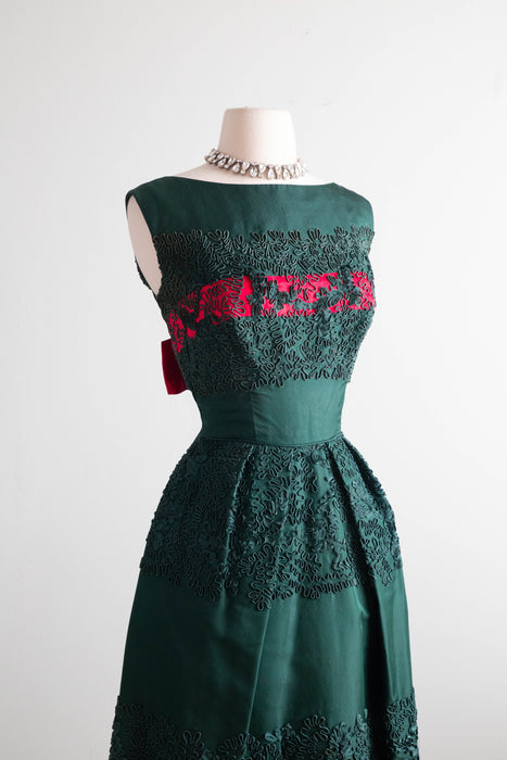 Exquisite 1950's Evergreen Silk Taffeta & Soutache Party Dress With Balmain Label / SM