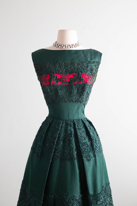 Exquisite 1950's Evergreen Silk Taffeta & Soutache Party Dress With Balmain Label / SM