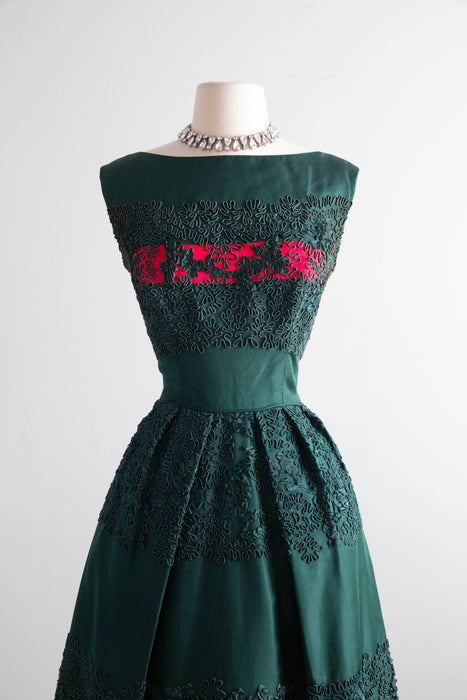 Exquisite 1950's Evergreen Silk Taffeta & Soutache Party Dress With Balmain Label / SM